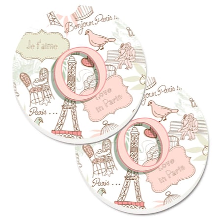 Carolines Treasures Letter O Love in Paris Pink Set of 2 Cup Holder Car Coaster CJ2002-OCARC